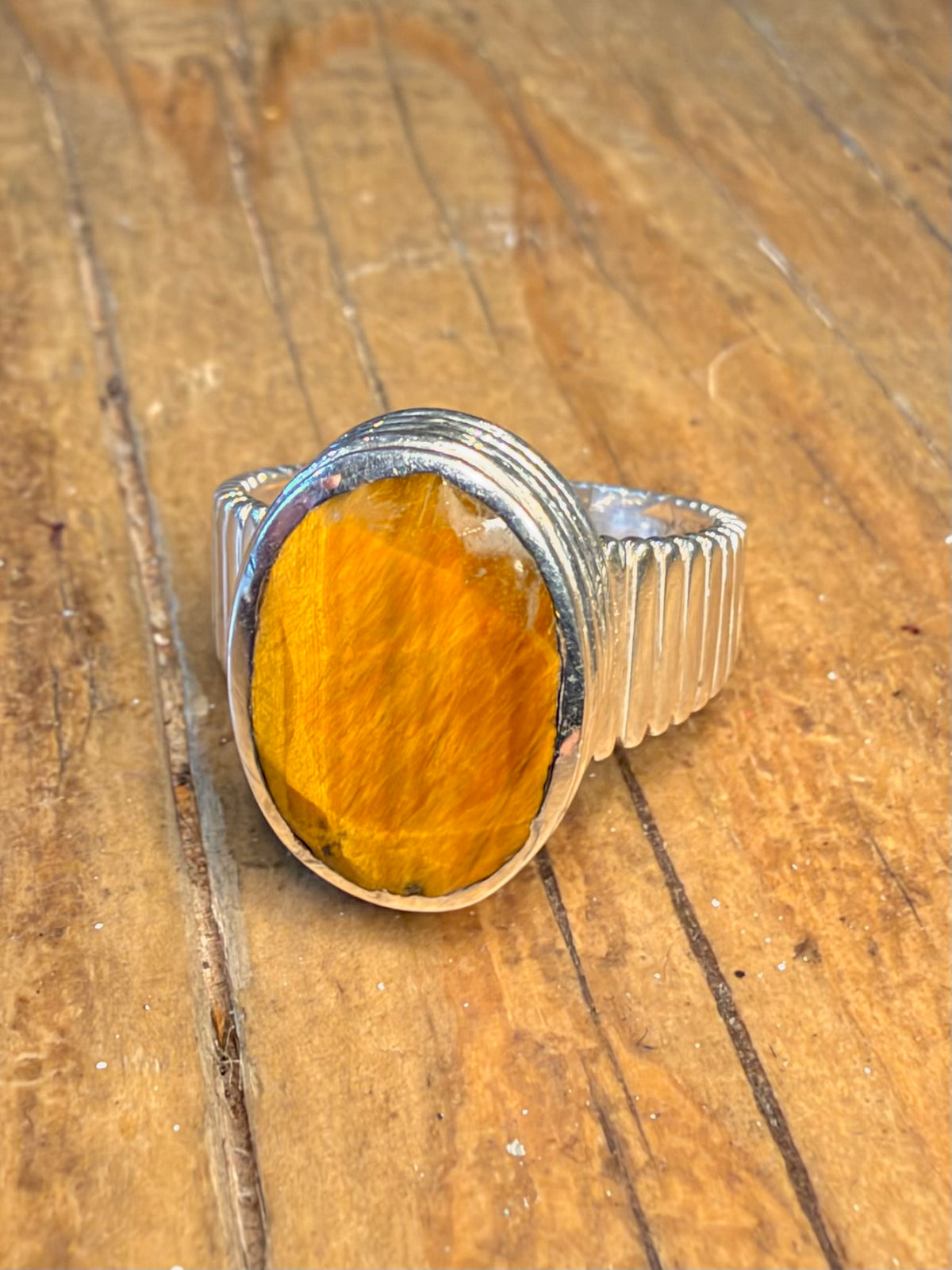 Tigers Eye Faceted Textured 925 Sterling Silver Size O Ring