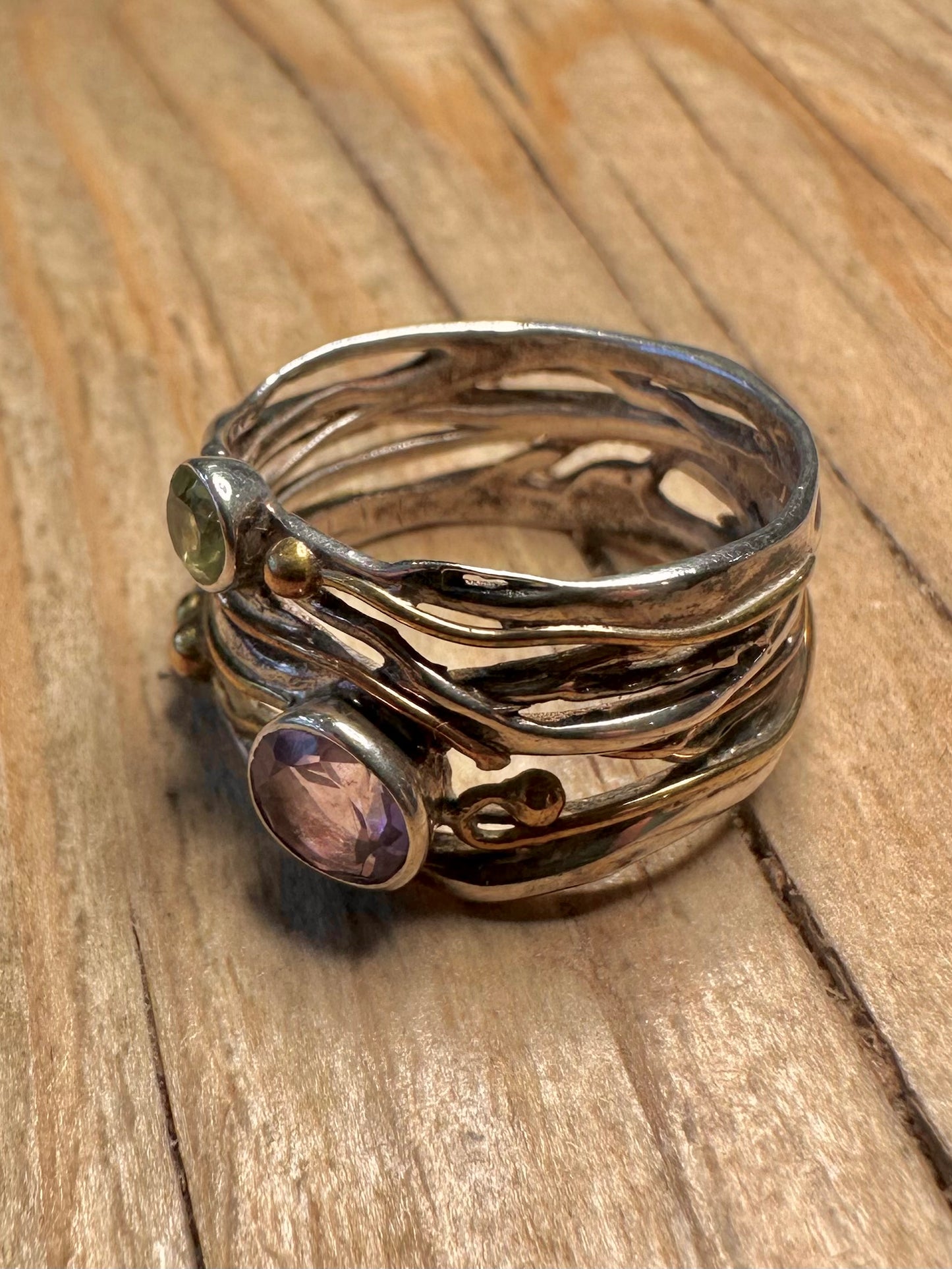 Abstract Multi Gemstone Gold Plate Parts 925 Sterling Silver Size R Ring