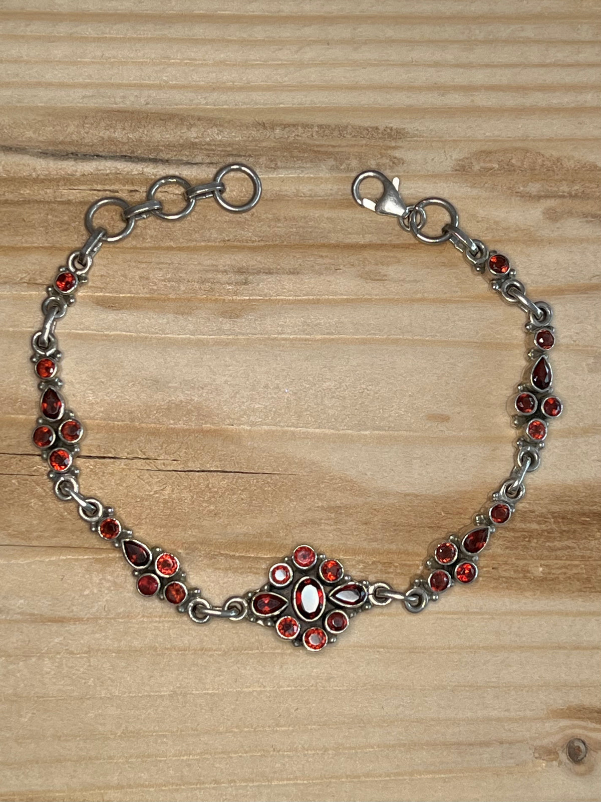 Garnet Flower Design 925 Sterling Silver 7.5 to 8.5 inch Bracelet