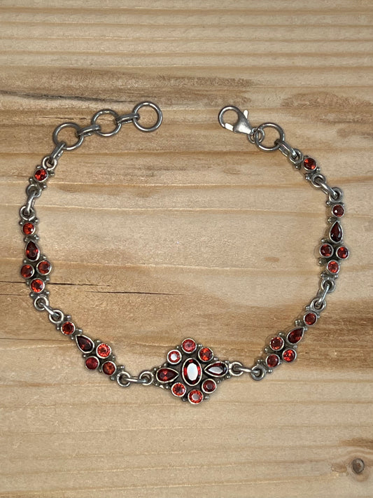 Garnet Flower Design 925 Sterling Silver 7.5 to 8.5 inch Bracelet