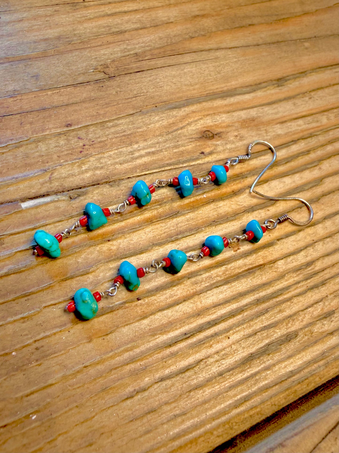 Turquoise and Coral Dangle 925 Sterling Silver Earrings
