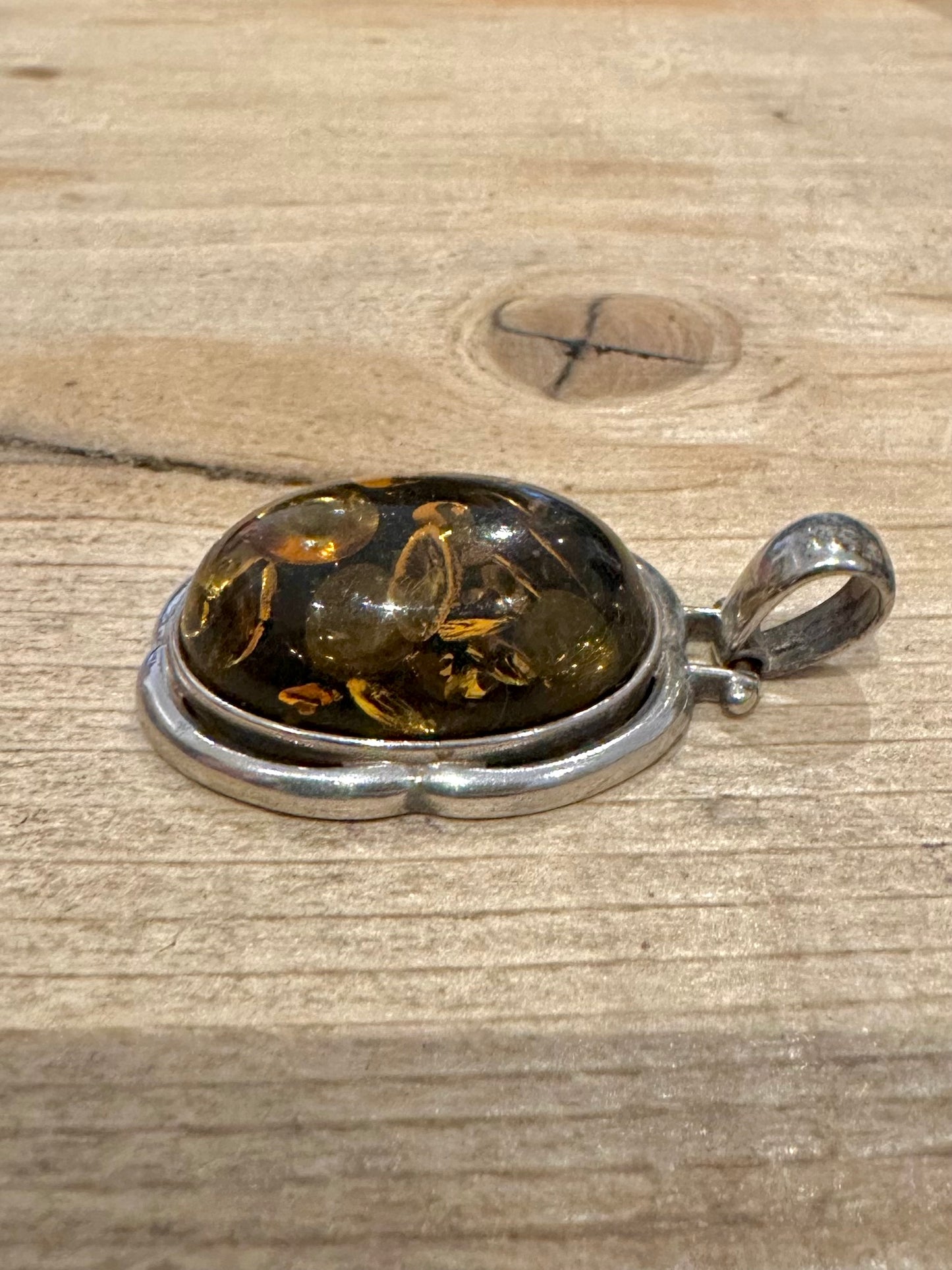 Vintage Green Amber Oval 925 Silver Pendant