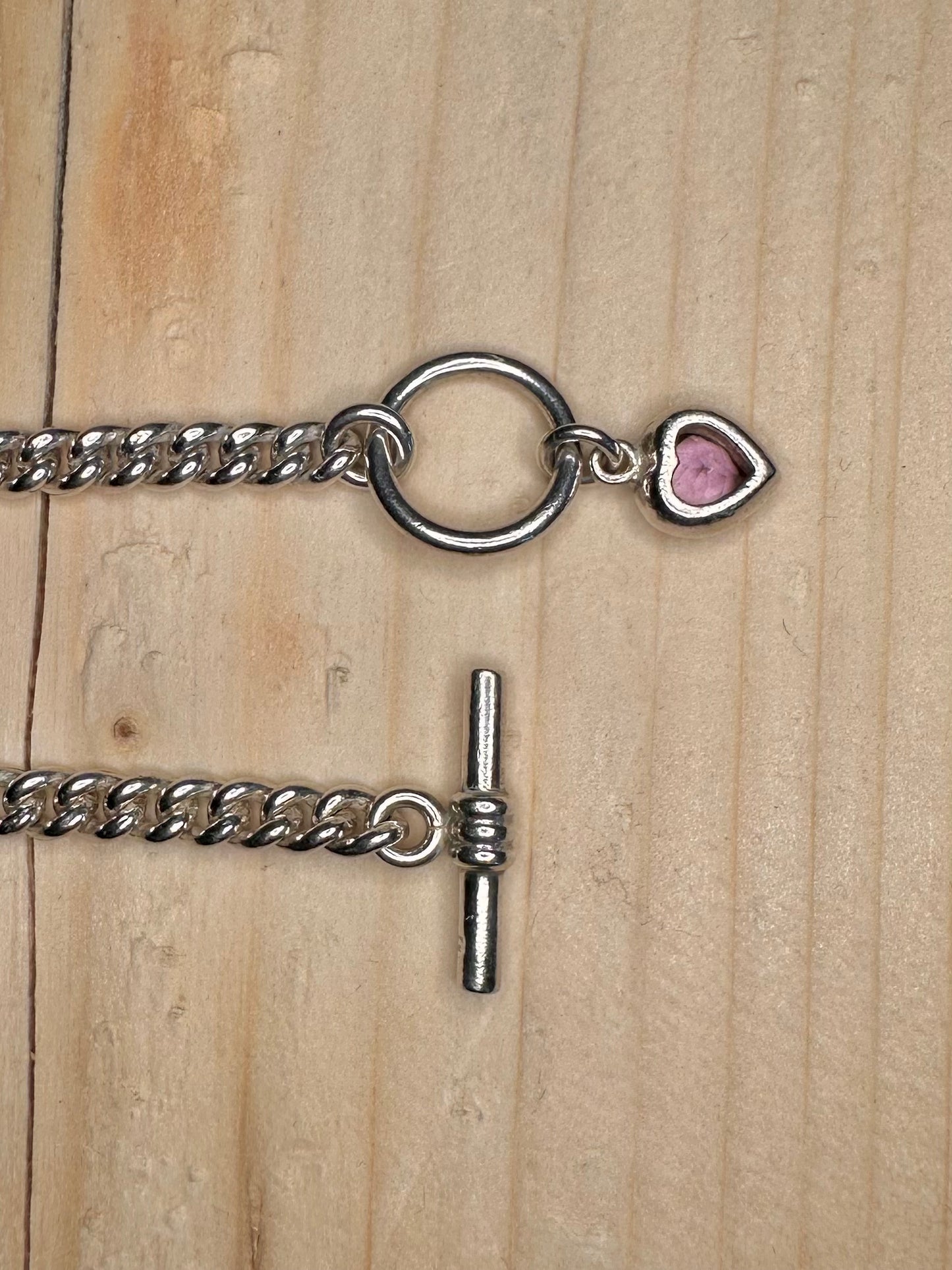 Pink Heart T Bar Curb Chain 925 Sterling Silver 7 inch Bracelet