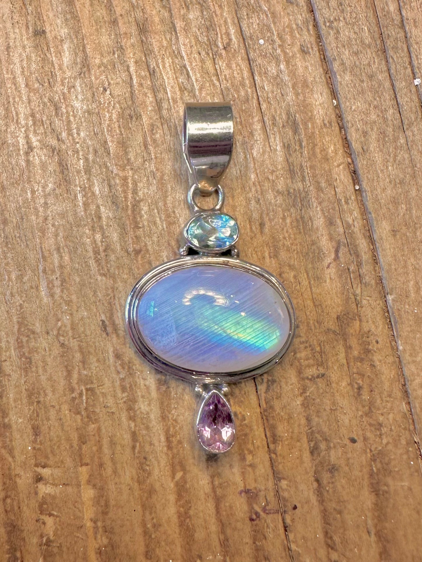 Vibrant Rainbow Moonstone Blue Topaz Amethyst 925 Sterling Silver Pendant