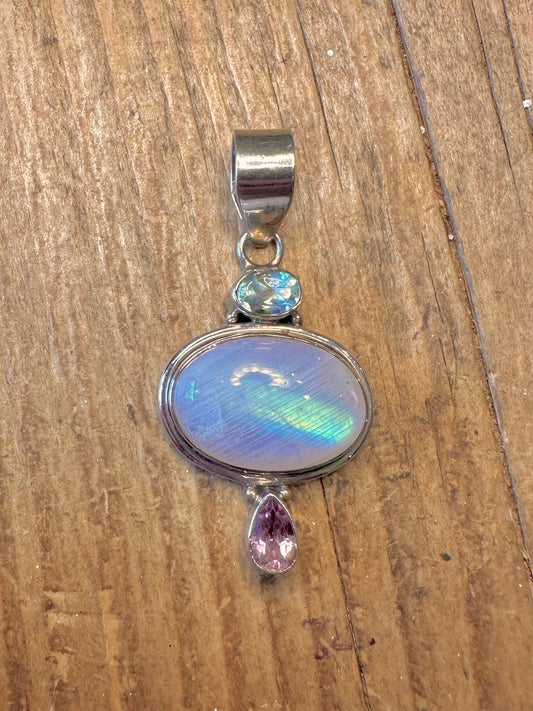 Vibrant Rainbow Moonstone Blue Topaz Amethyst 925 Sterling Silver Pendant