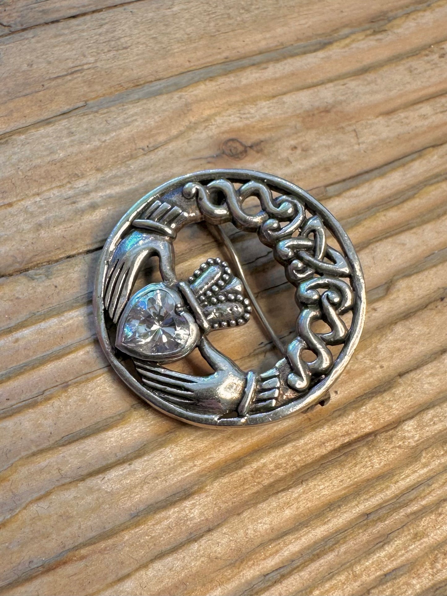 Claddagh CZ Stone 925 Sterling Silver Brooch