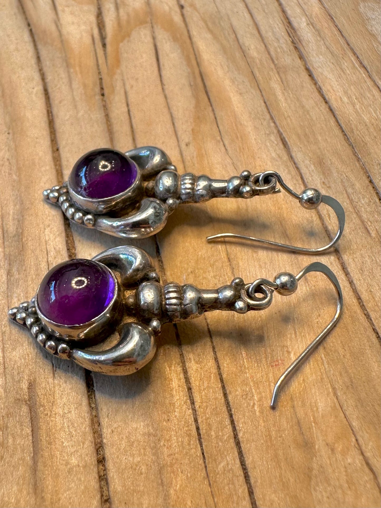 Vintage Ornate Amethyst Dangle 925 Silver Earrings