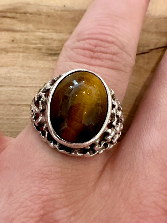 Vintage Tigers Eye Textured 925 Silver Size S1/2 Ring