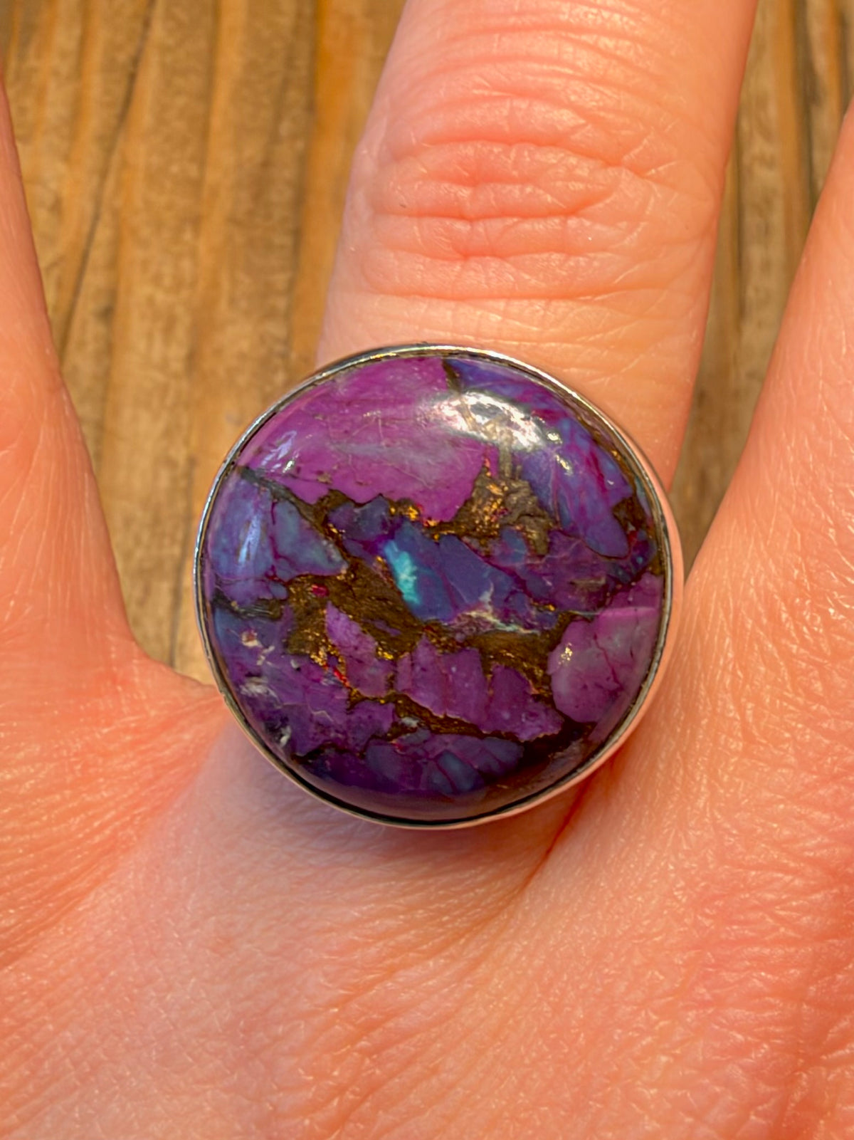 Purple Copper Turquoise Circle 925 Sterling Silver Size T Ring