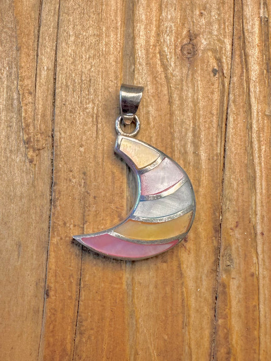 Multi Coloured Mother of Pearl Moon 925 Sterling Silver Pendant