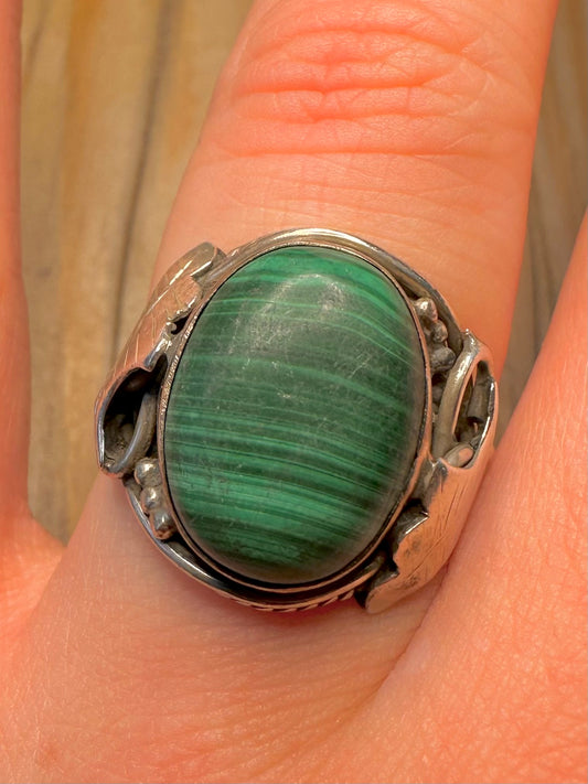 Vintage Navajo Malachite 925 Sterling Silver Size P Ring