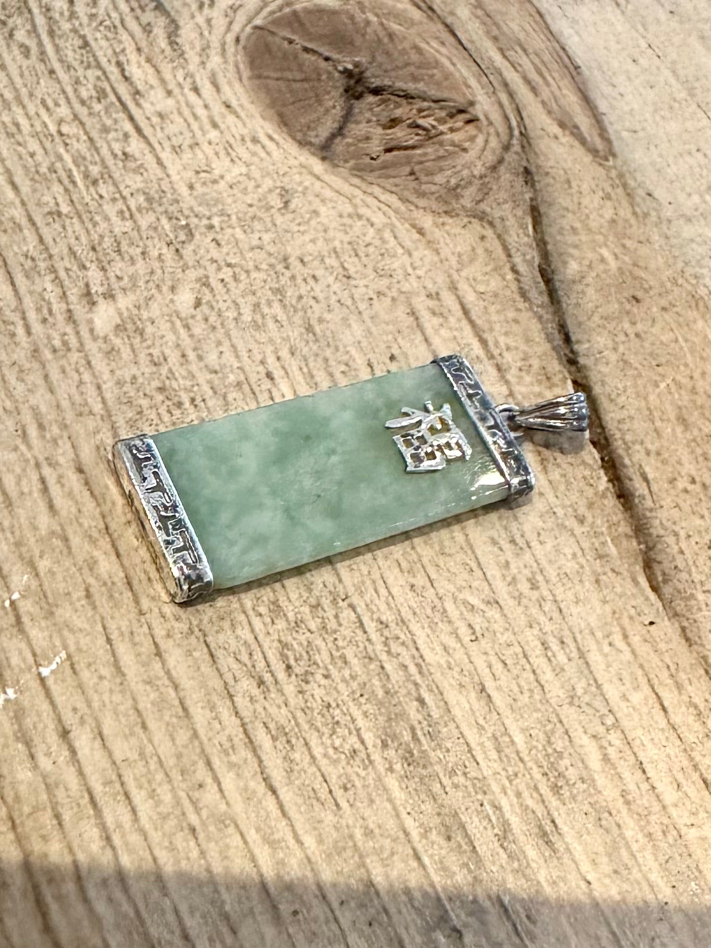 Vintage Jade Chinese Rectangle 925 Silver Pendant