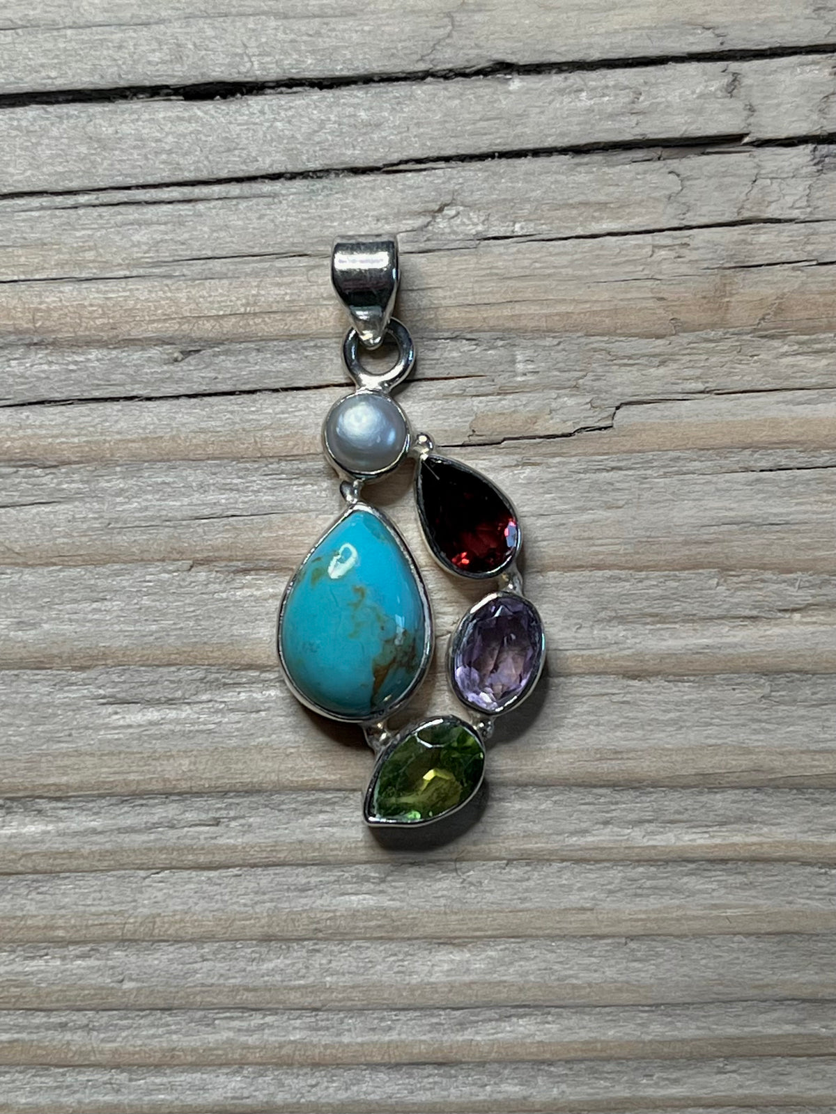 Mixed Gemstone Tear and Oval Shaped 925 Sterling Silver Pendant