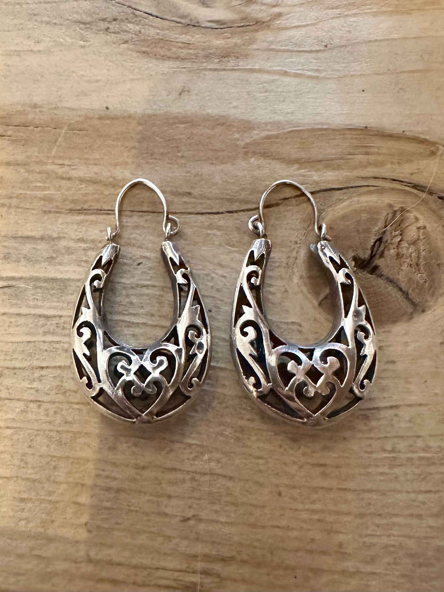 Vintage Filigree Drop Hoop 925 Silver Earrings