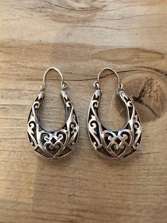 Vintage Filigree Drop Hoop 925 Silver Earrings