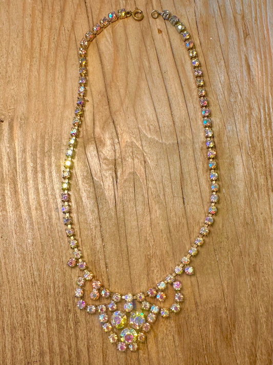 Vintage 1950’s Aurora Borealis Rhinestone Gold Tone 16 inch Costume Necklace