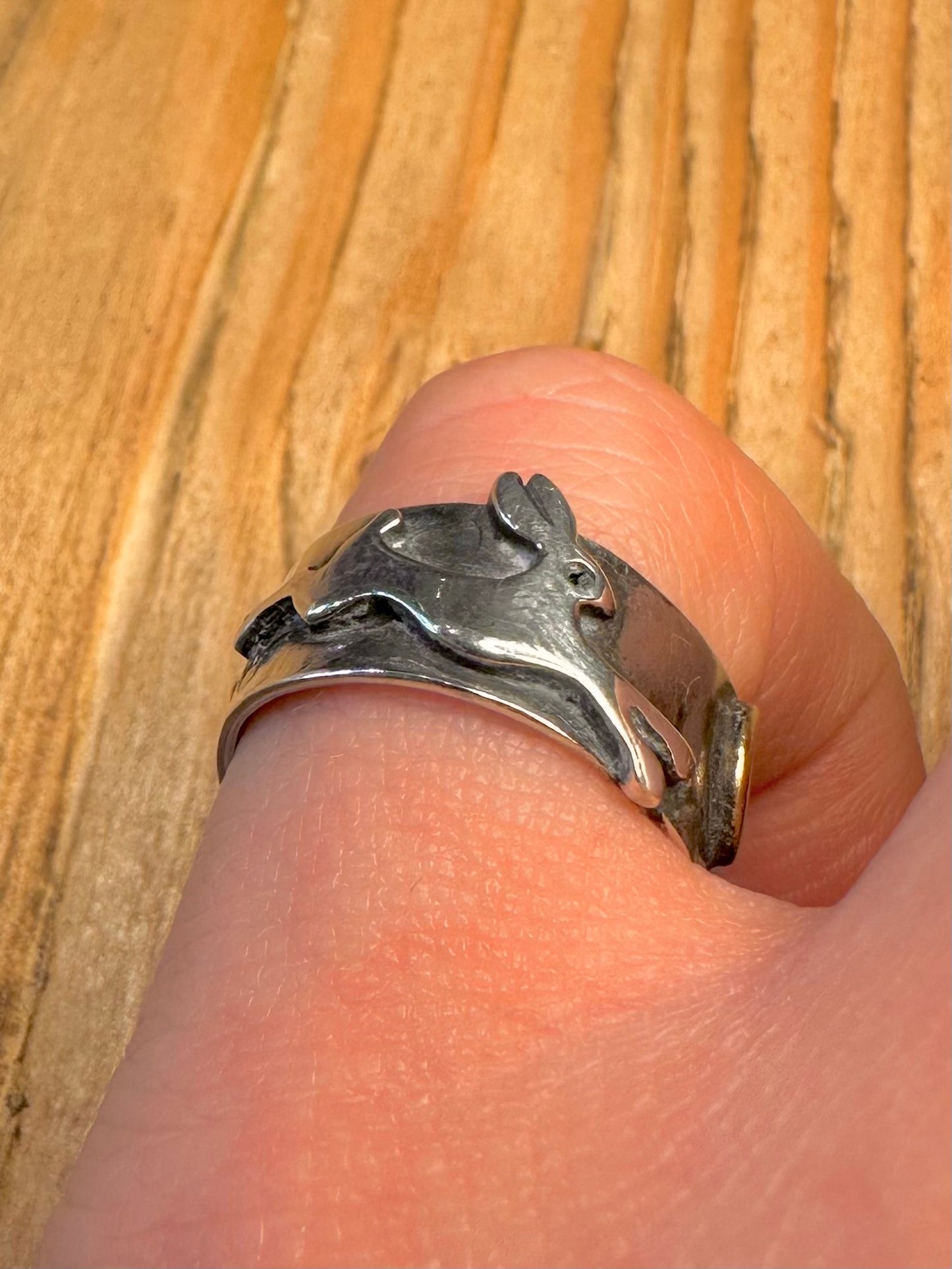 Vintage Handmade Hare Star and Moon Gold Plate on 925 Sterling Silver Size N Ring