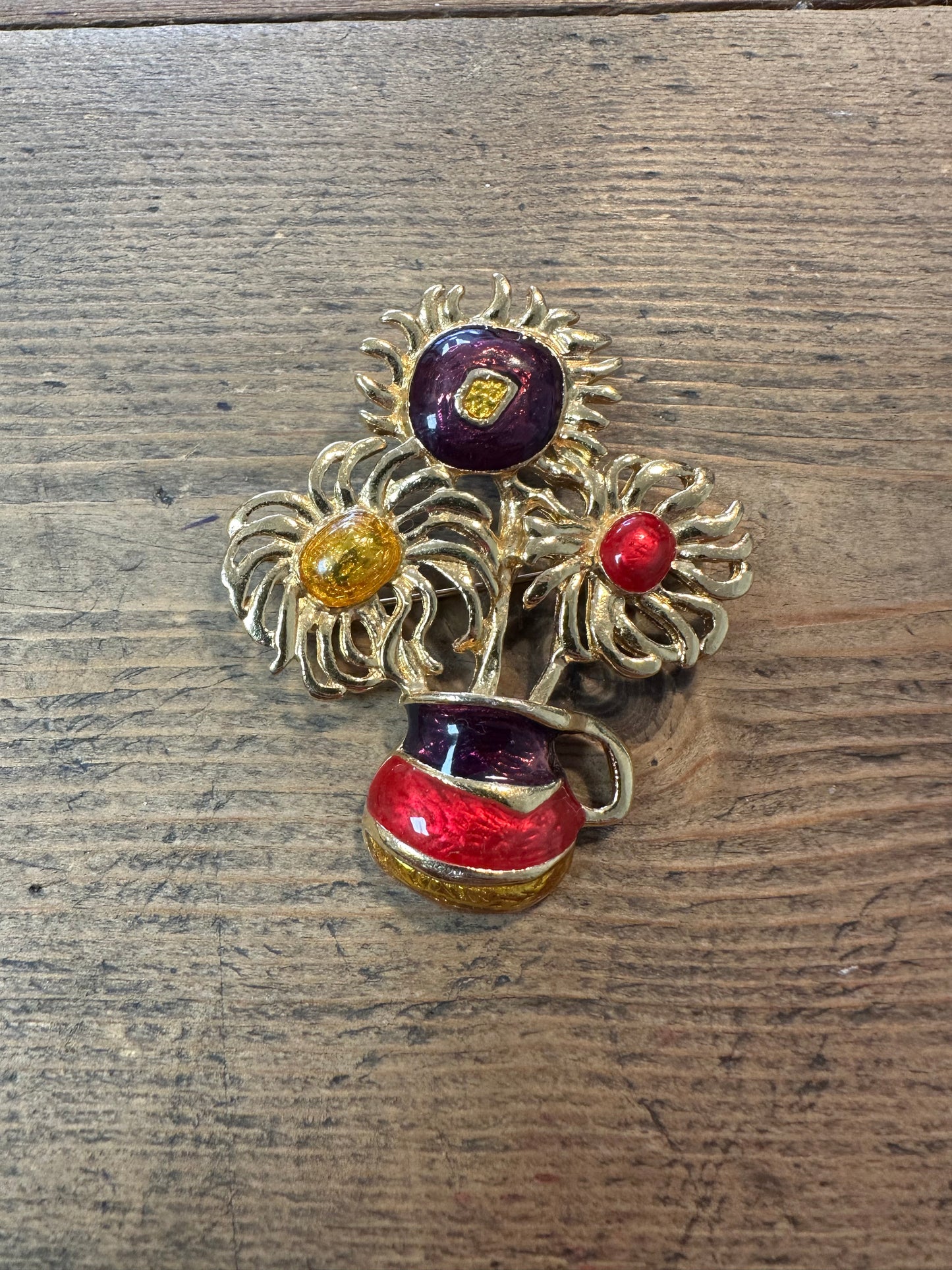 Vintage 80’s Van Gogh Style Flower in Vase Enamel Costume Brooch