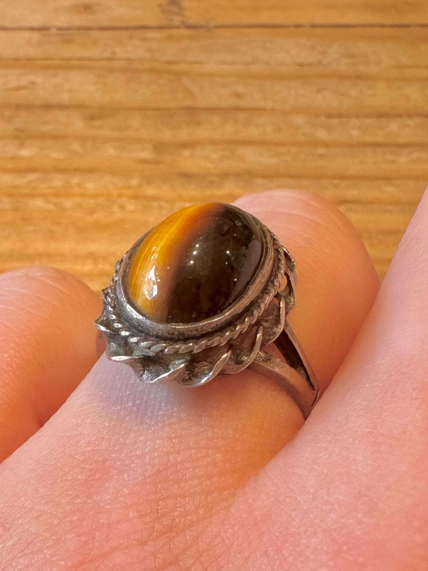 Vintage Tigers Eye Oval 925 Sterling Silver Size P Ring