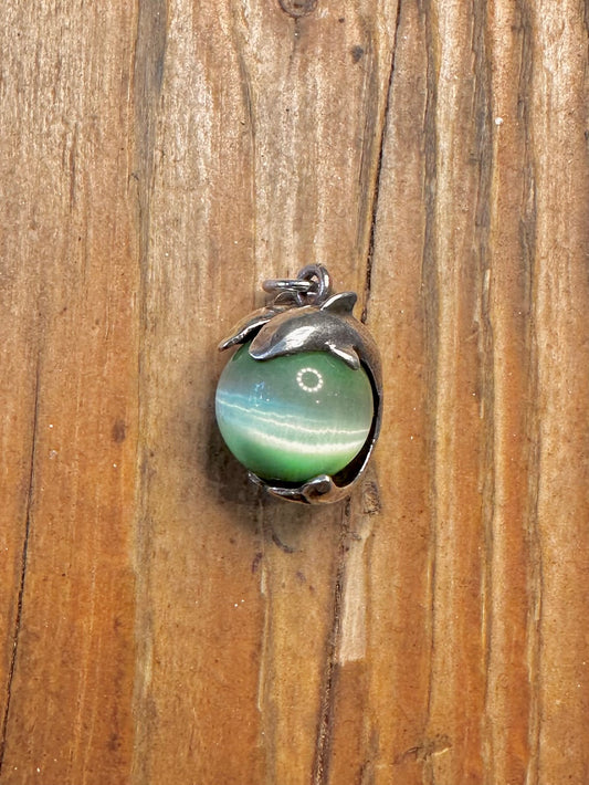 Green Cats Eye Dolphin Spinning 925 Sterling Silver Pendant