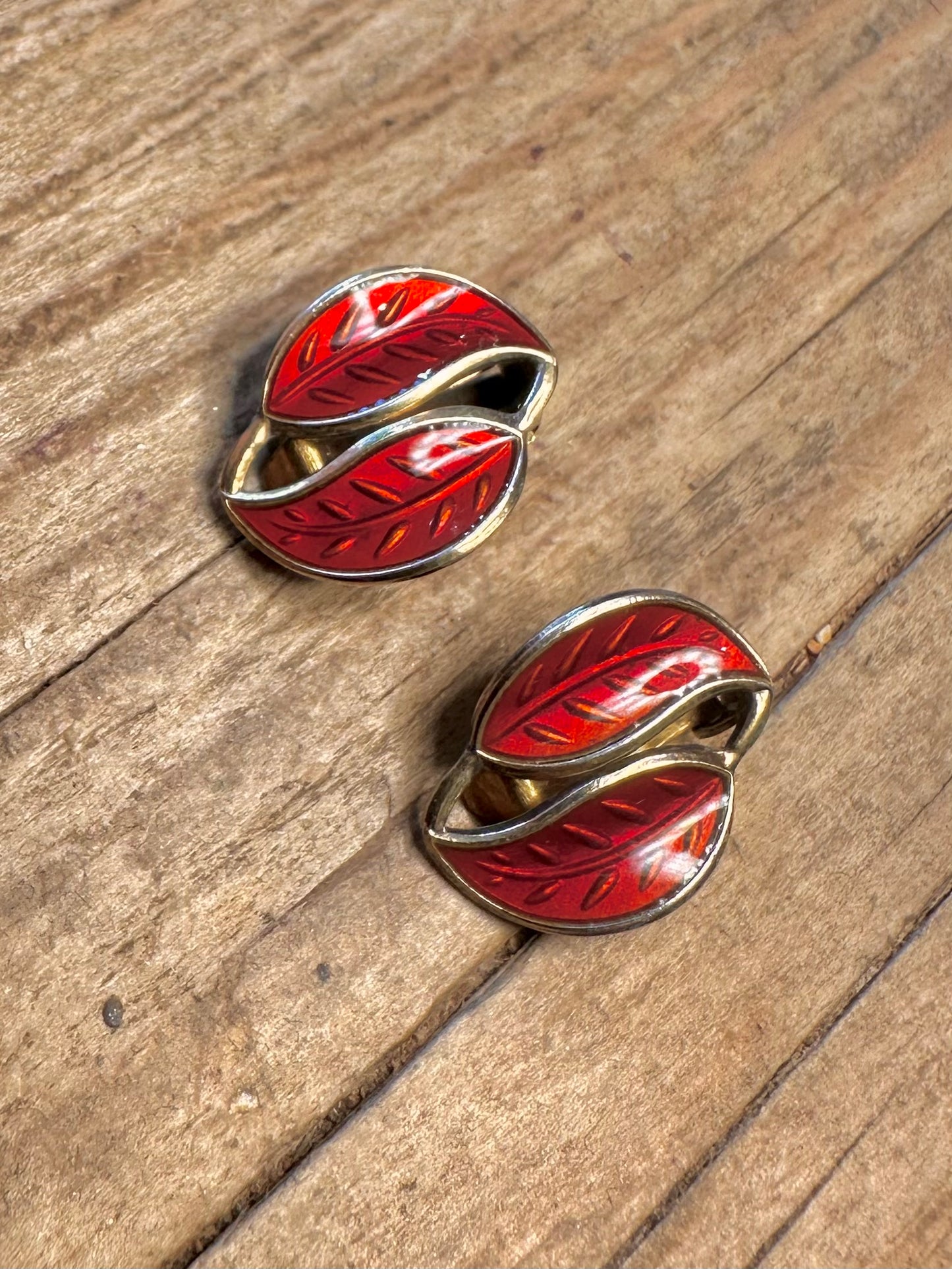 David Anderson Norwegian Red Guilloche Enamel Clip On 925 Sterling Silver Earrings