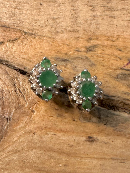 Vintage Emerald And White Stone 925 Silver Stud Earrings