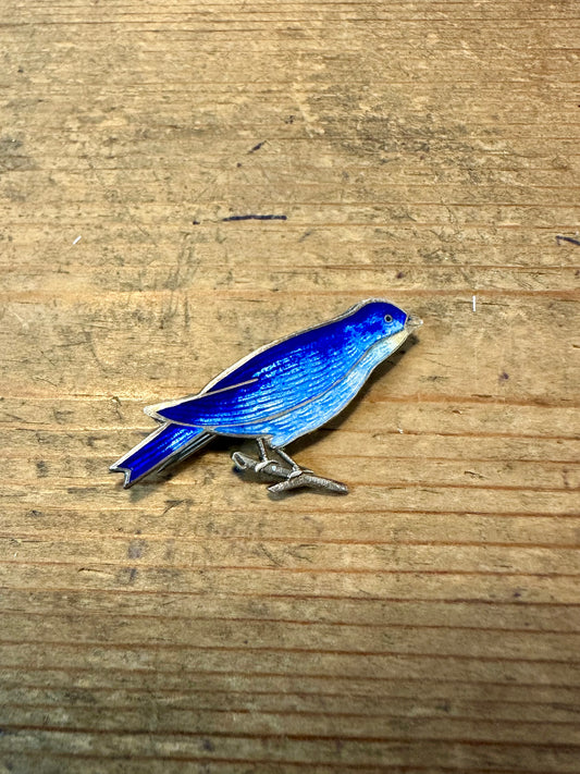 Vintage Bluebird Enamel 925 Silver Brooch