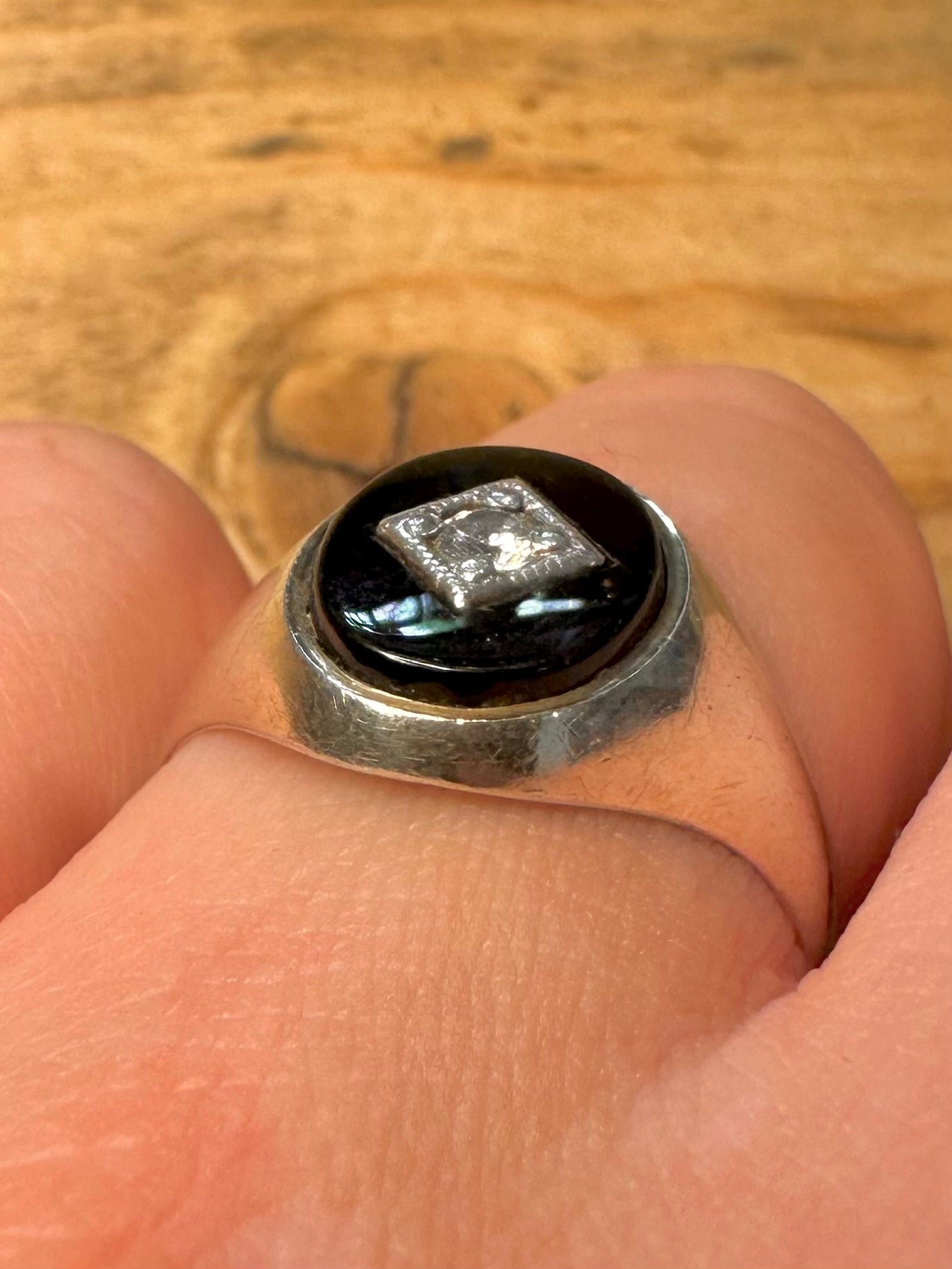 Vintage 1987 Onyx and CZ Signet 925 Silver Size S Ring
