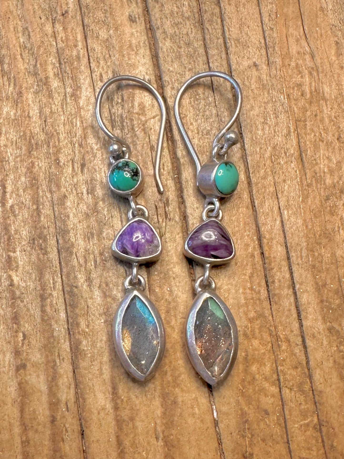 Türkis, Charoit und Labradorit Baumeln 925 Sterling Silber Ohrringe