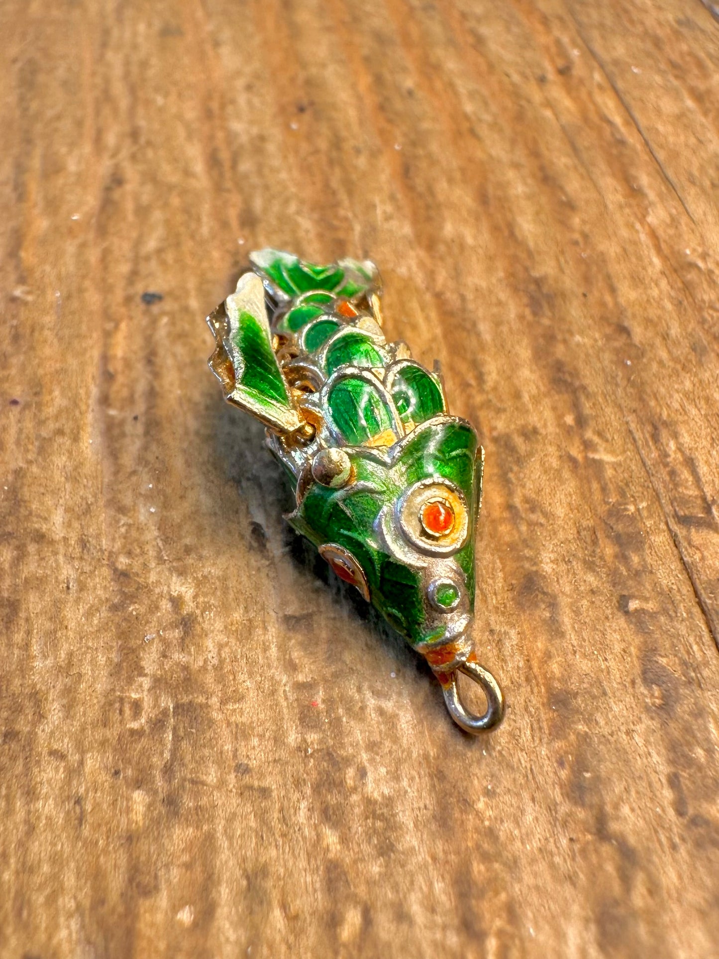 Green Enamel Articulated Moving Fish Gold Plated Metal Pendant