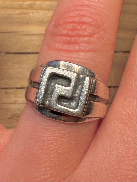 Vintage Greek Key Signet 925 Sterling Silver Size S Ring