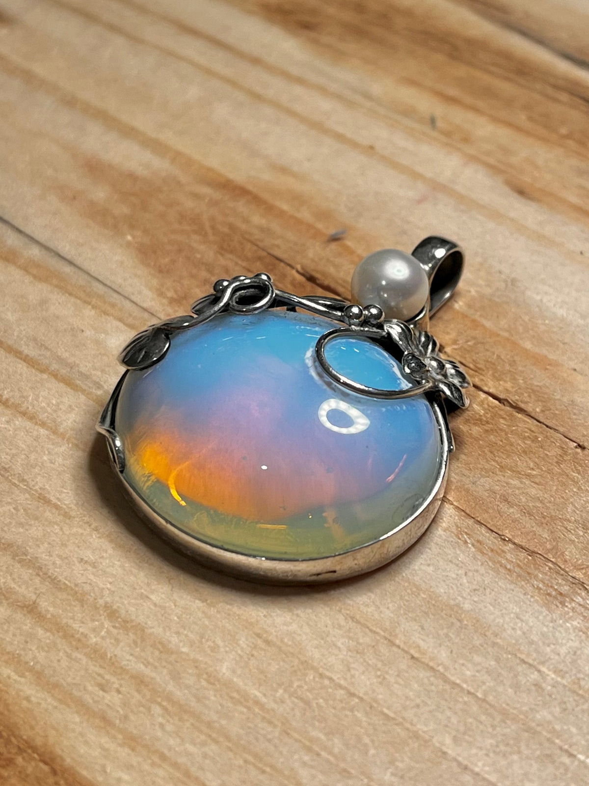 Opalite and Pearl Floral 925 Sterling Silver Pendant