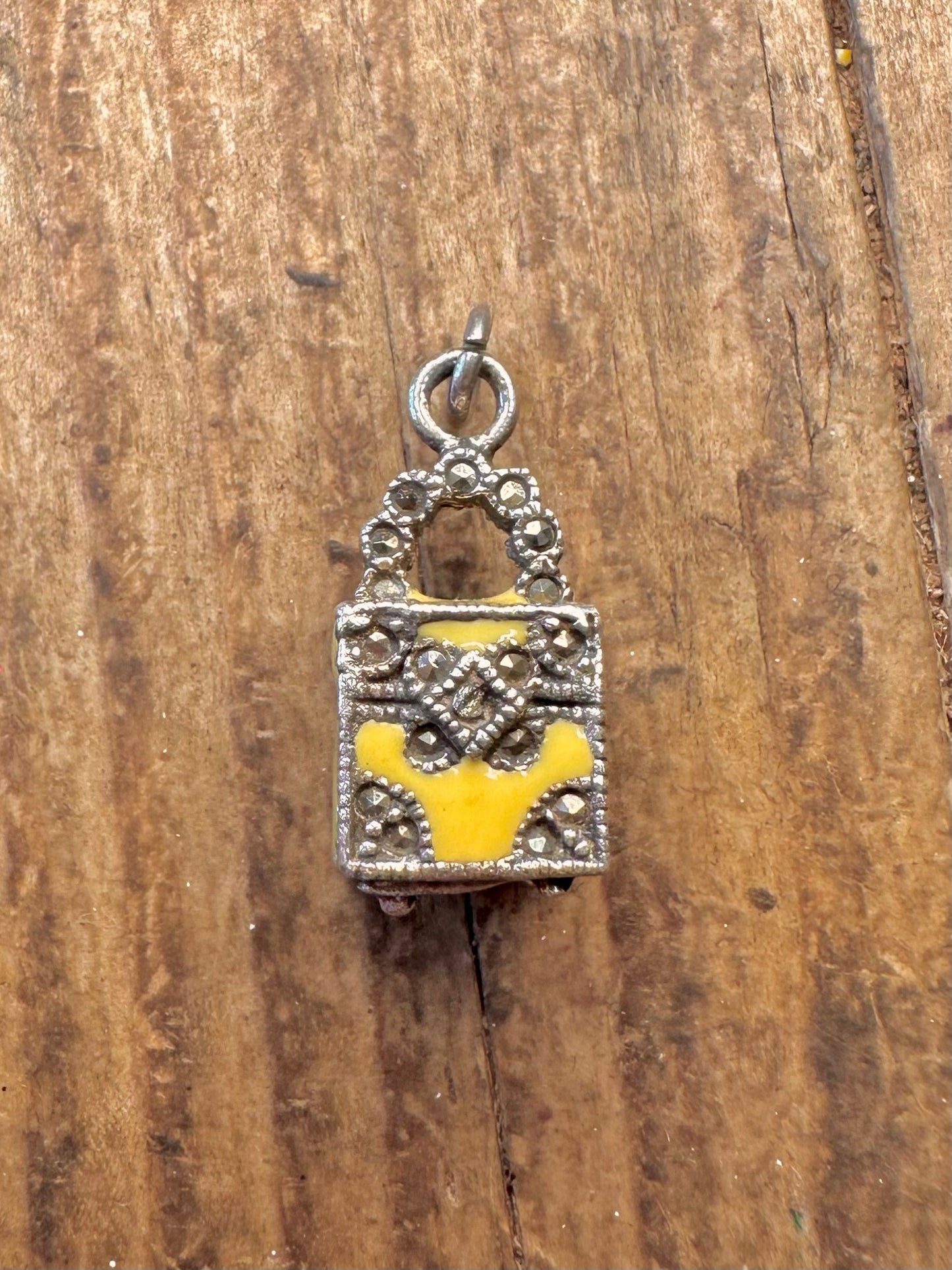 Yellow Enamel Marcasite Box Style 925 Sterling Silver Charm Pendant
