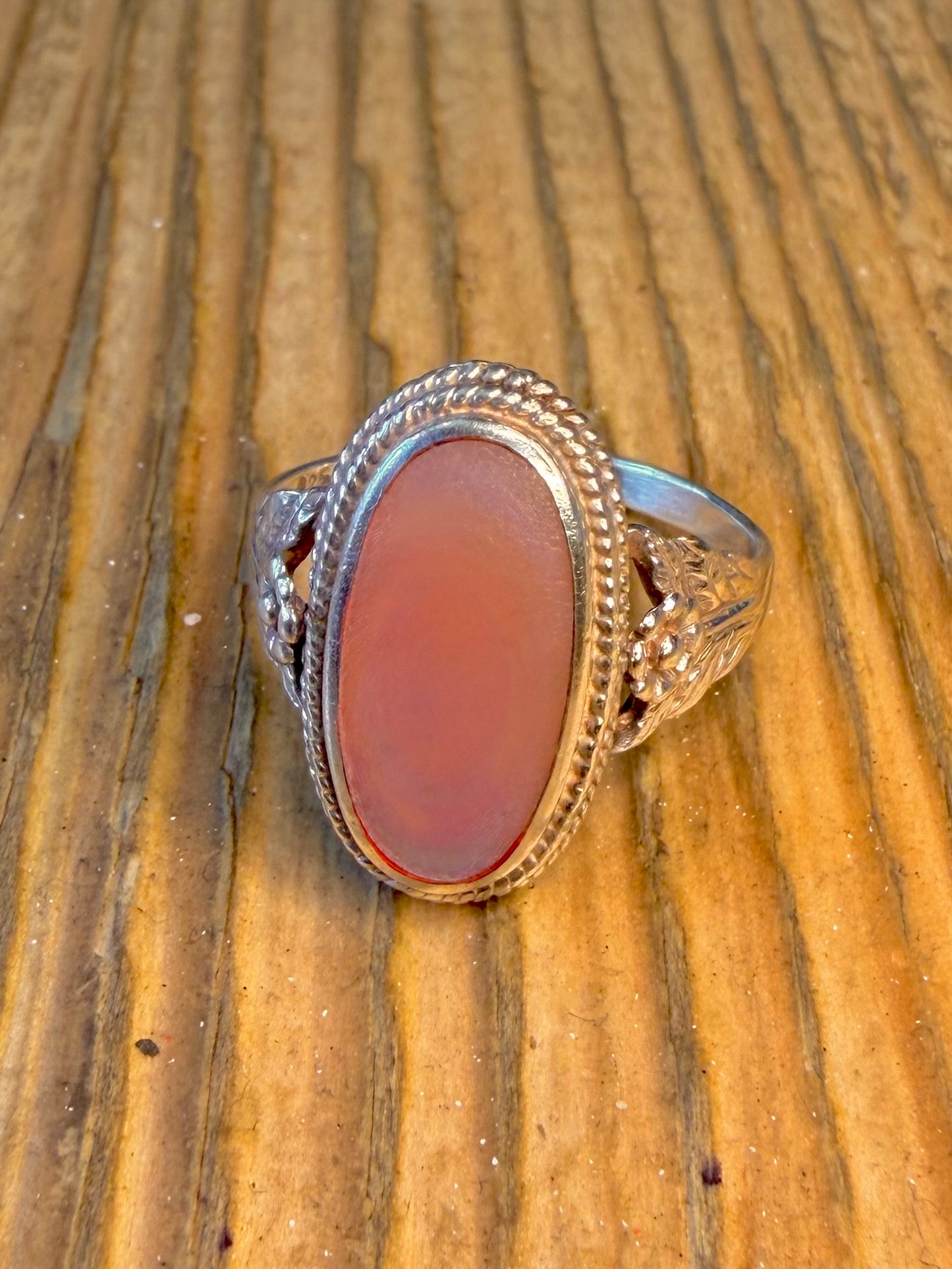 Pink Mother of Pearl Oval Floral 925 Sterling Silver Size S1/2 Ring l