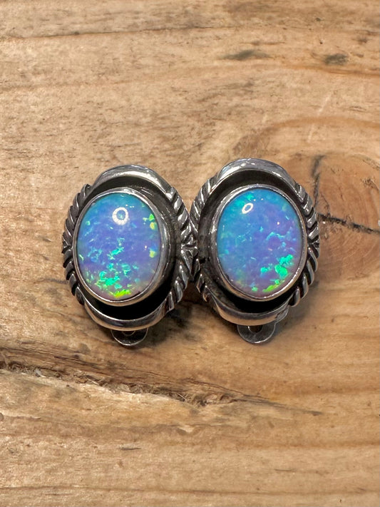 Vintage Opal Boho Clip On 925 Silver Earrings