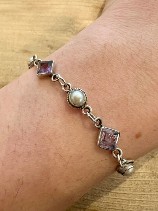 Vintage Amethyst and Pearl 925 Silver 7 inch Bracelet