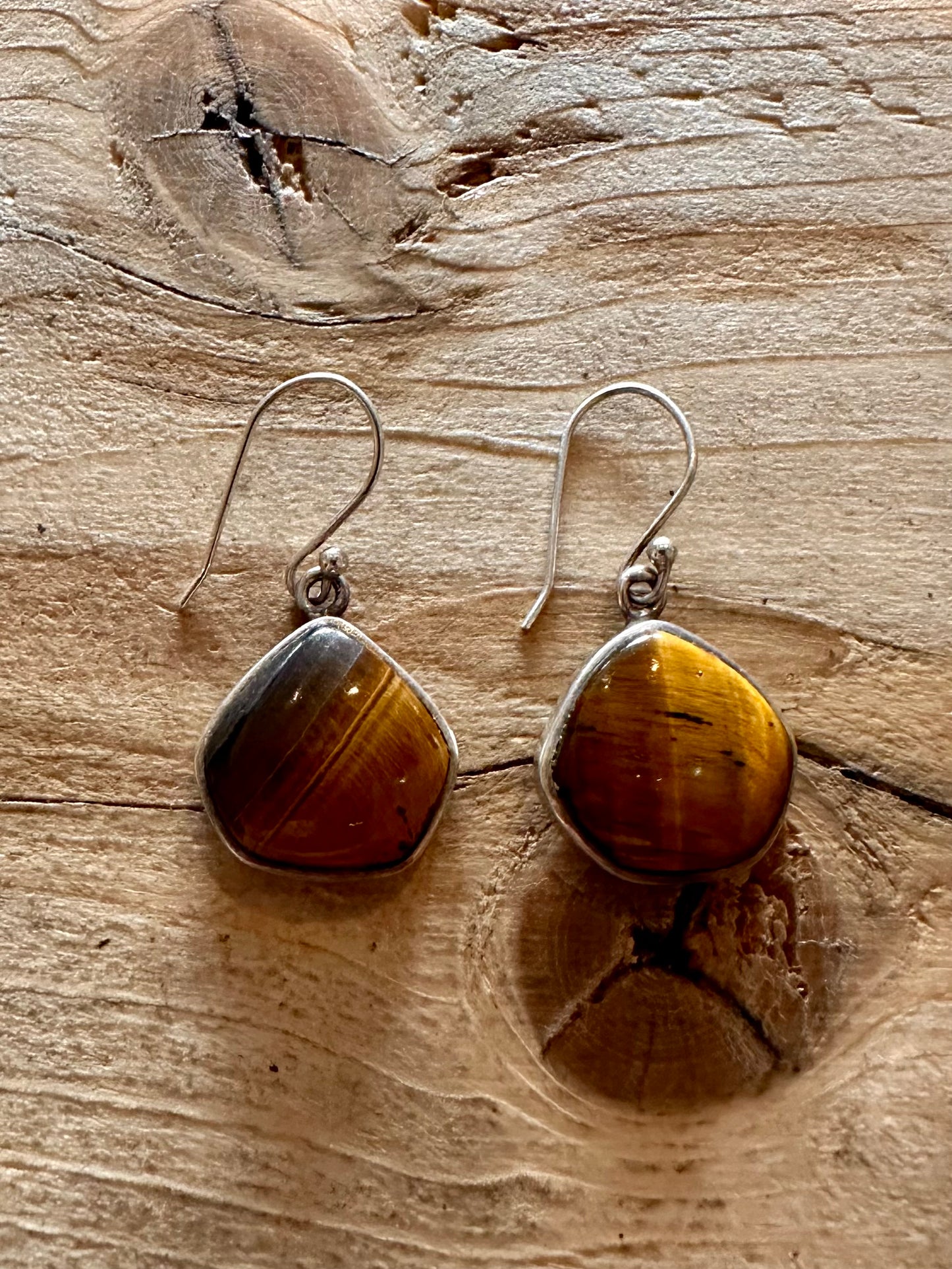 Abstract Tigers Eye Dangle 925 Silver Earrings