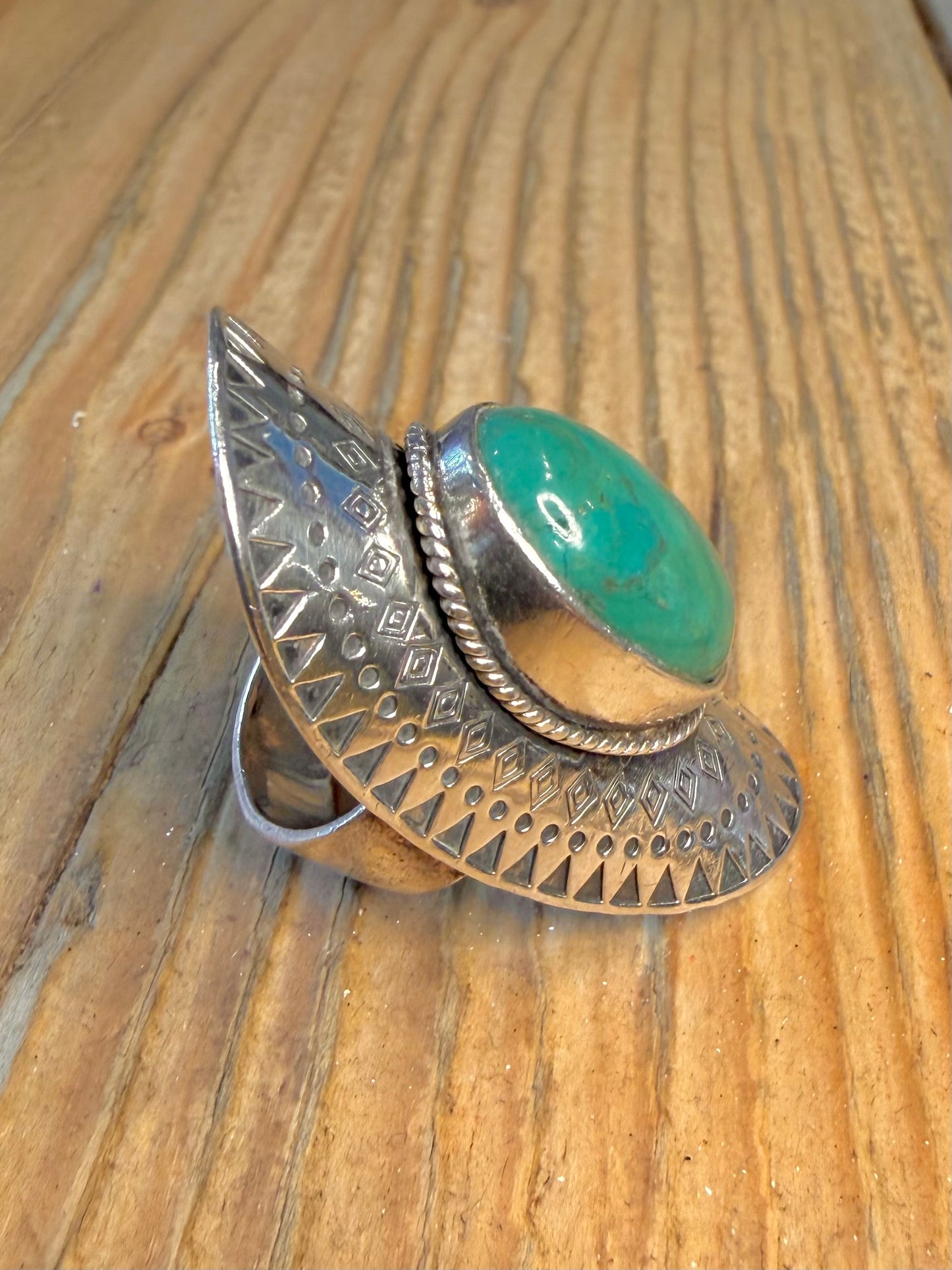 Long Southwestern Turquoise Etched 925 Sterling Silver Size M1/2 Ring
