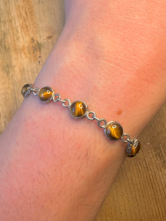 Tigers Eye Circle Link 925 Sterling Silver 7.5 inch Bracelet