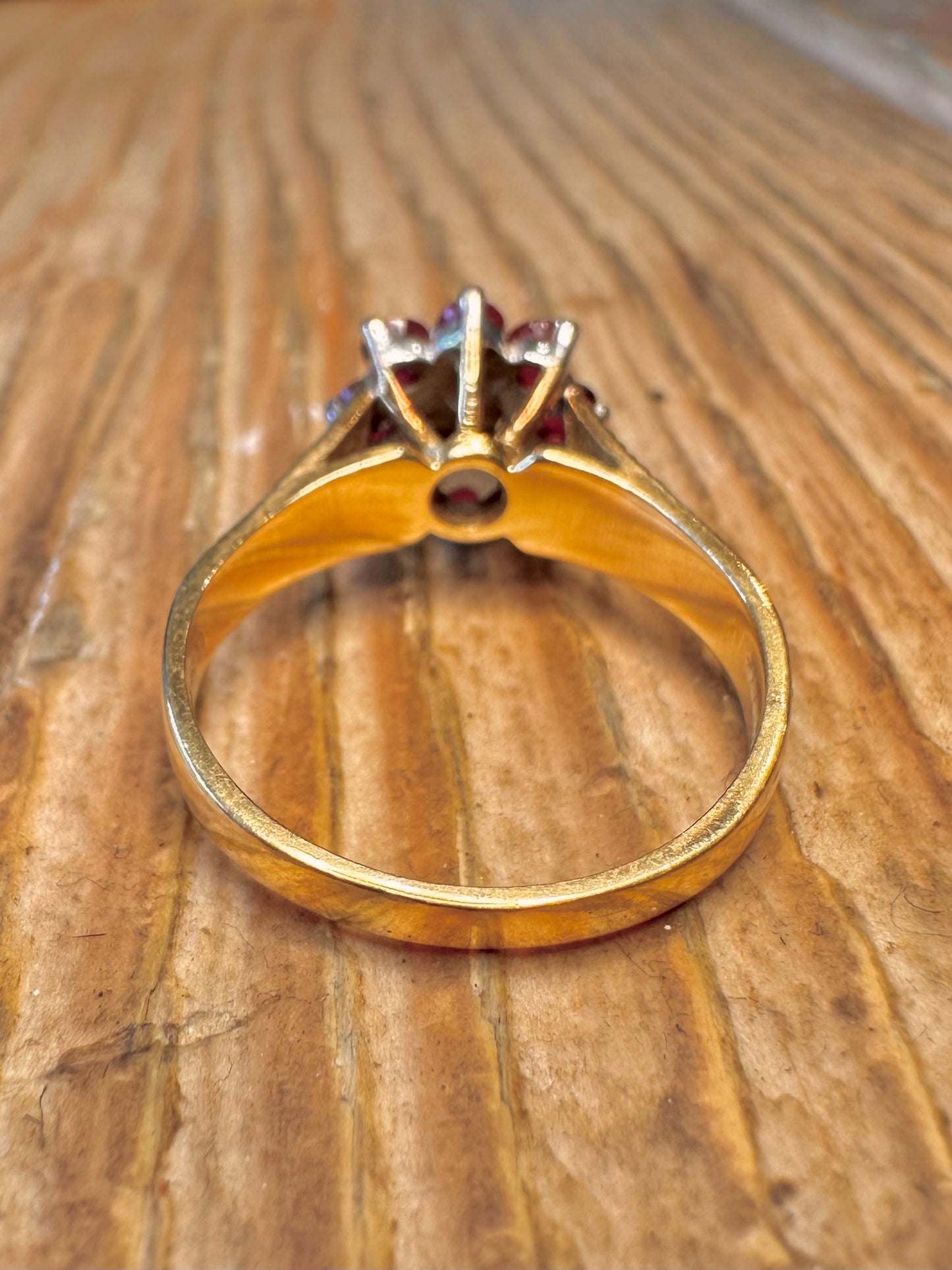 18ct Gold 1975 Ruby’s and Diamond Cluster Bark Effect Size P1/2 Ring