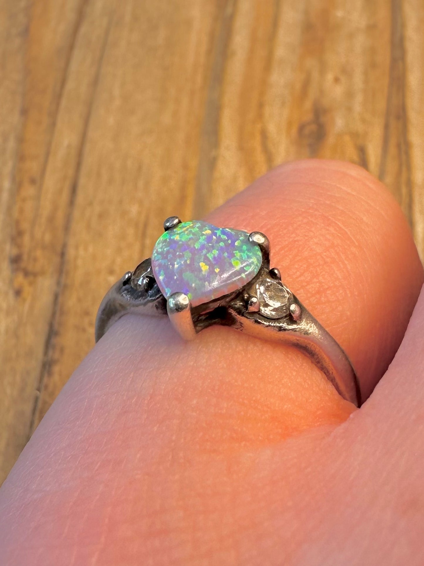 Opal Heart and CZ 925 Sterling Silver Size N Ring
