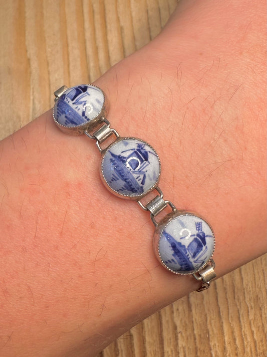 Vintage Holland Delft Enamel Windmill 925 Sterling Silver 7.1 inch Bracelet