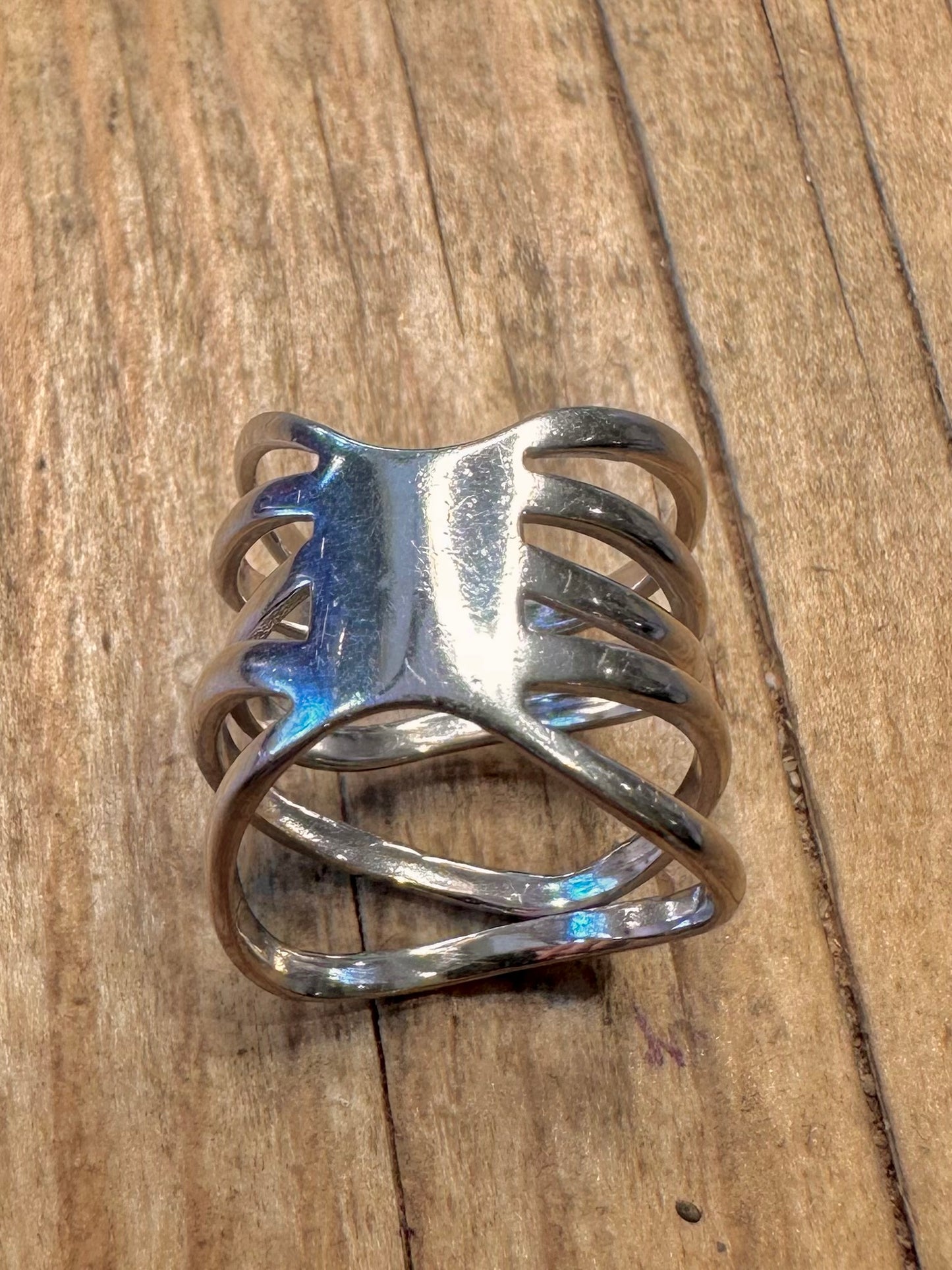 Abstract Multi Layer Long 925 Sterling Silver Size N Ring