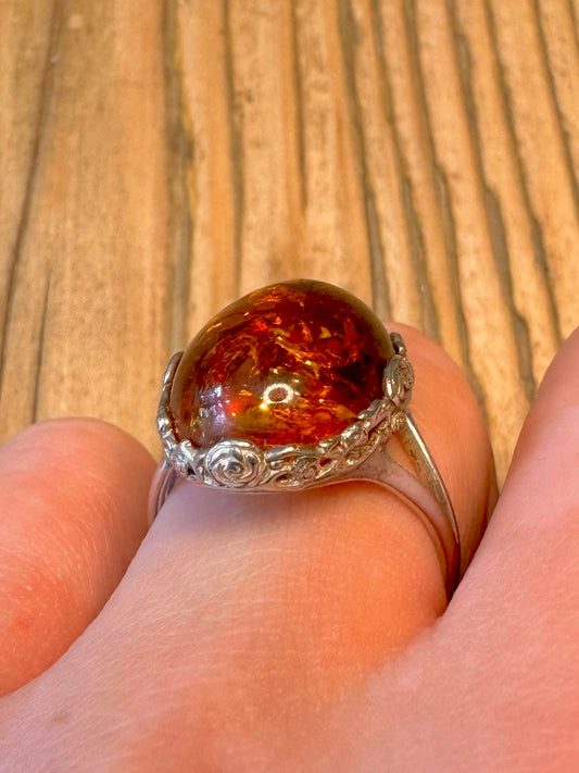 Amber Style Floral Mount 925 Sterling Silver Size U Adjustable Ring