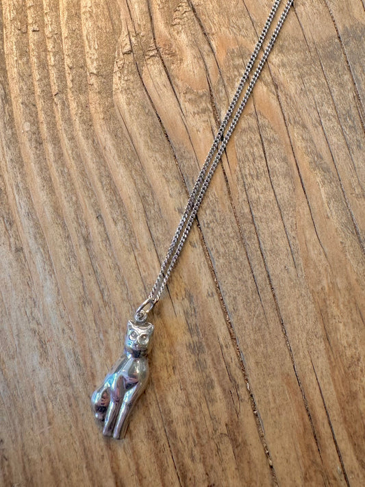 Cat Pendant and Curb Chain 925 Sterling Silver 20.5 inch Necklace