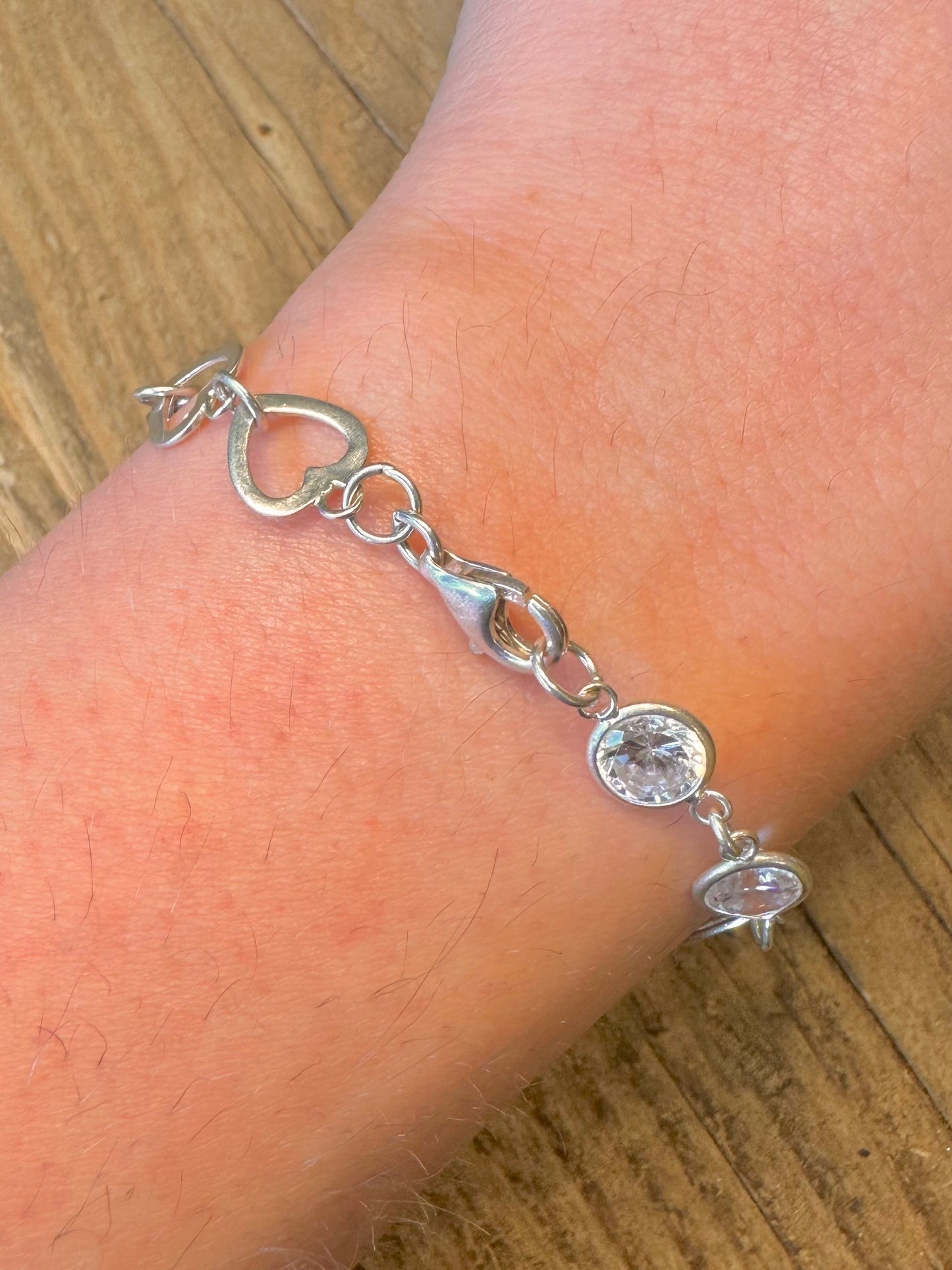 Heart Link CZ Stone 925 Sterling Silver 7.2 inch Bracelet