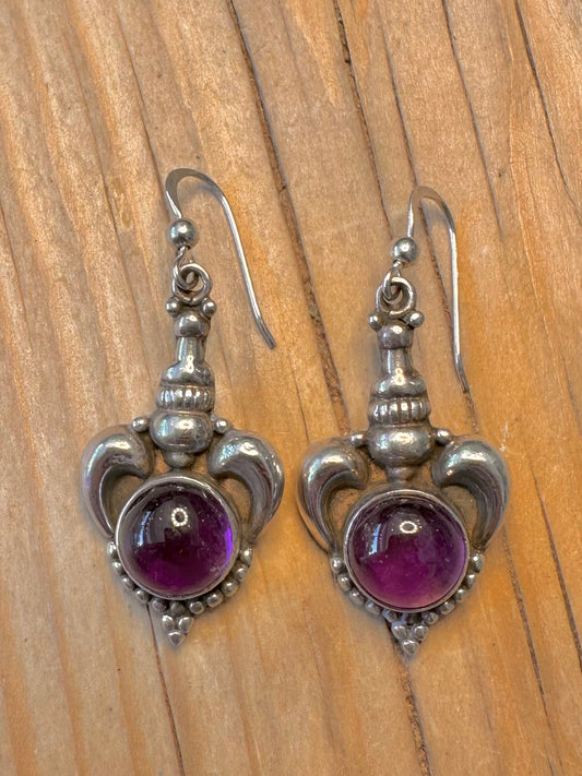 Vintage Ornate Amethyst Dangle 925 Silver Earrings