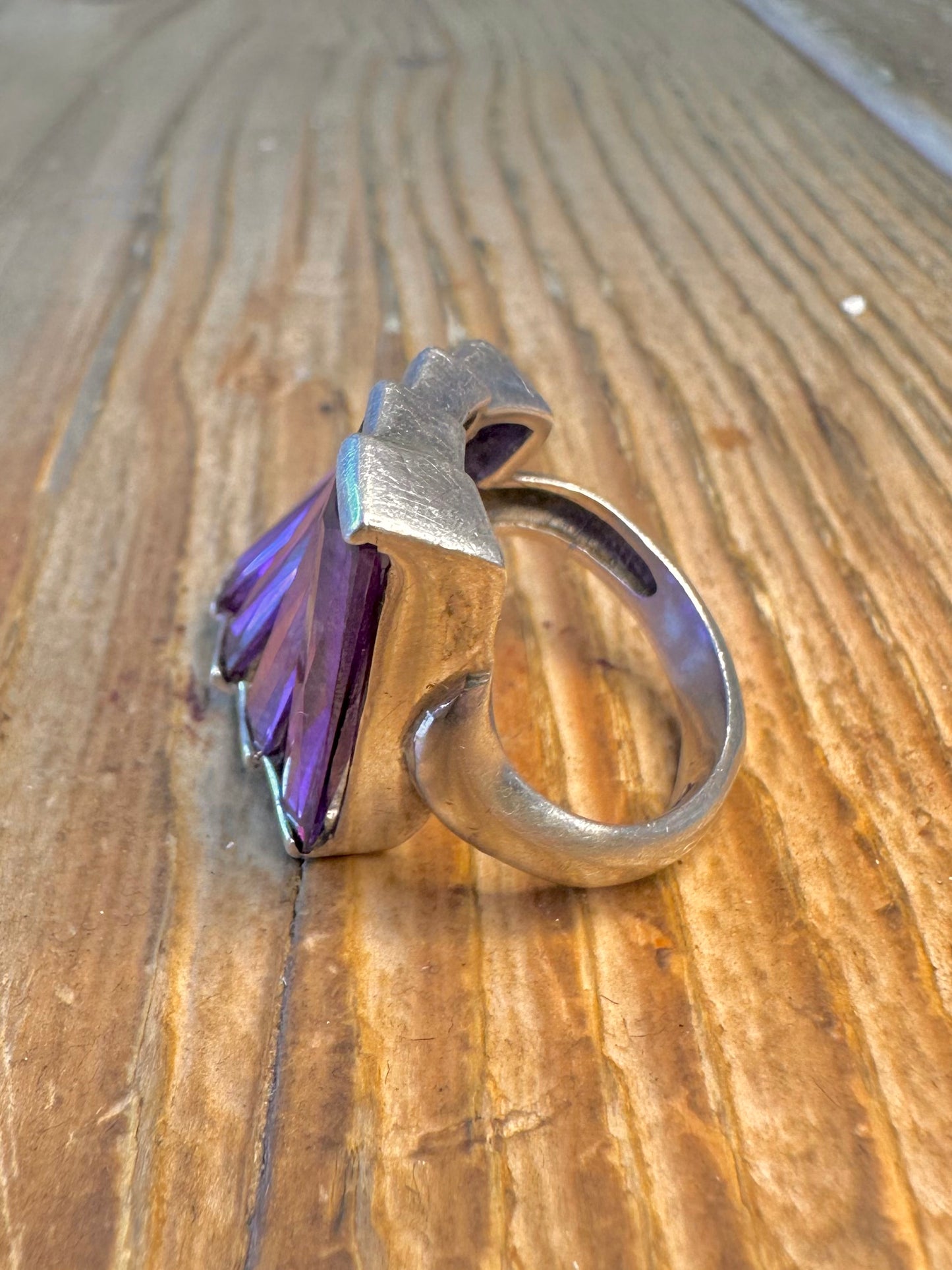 Purple Stone Baguette Cut Staggered 925 Sterling Silver Size P1/2 Ring