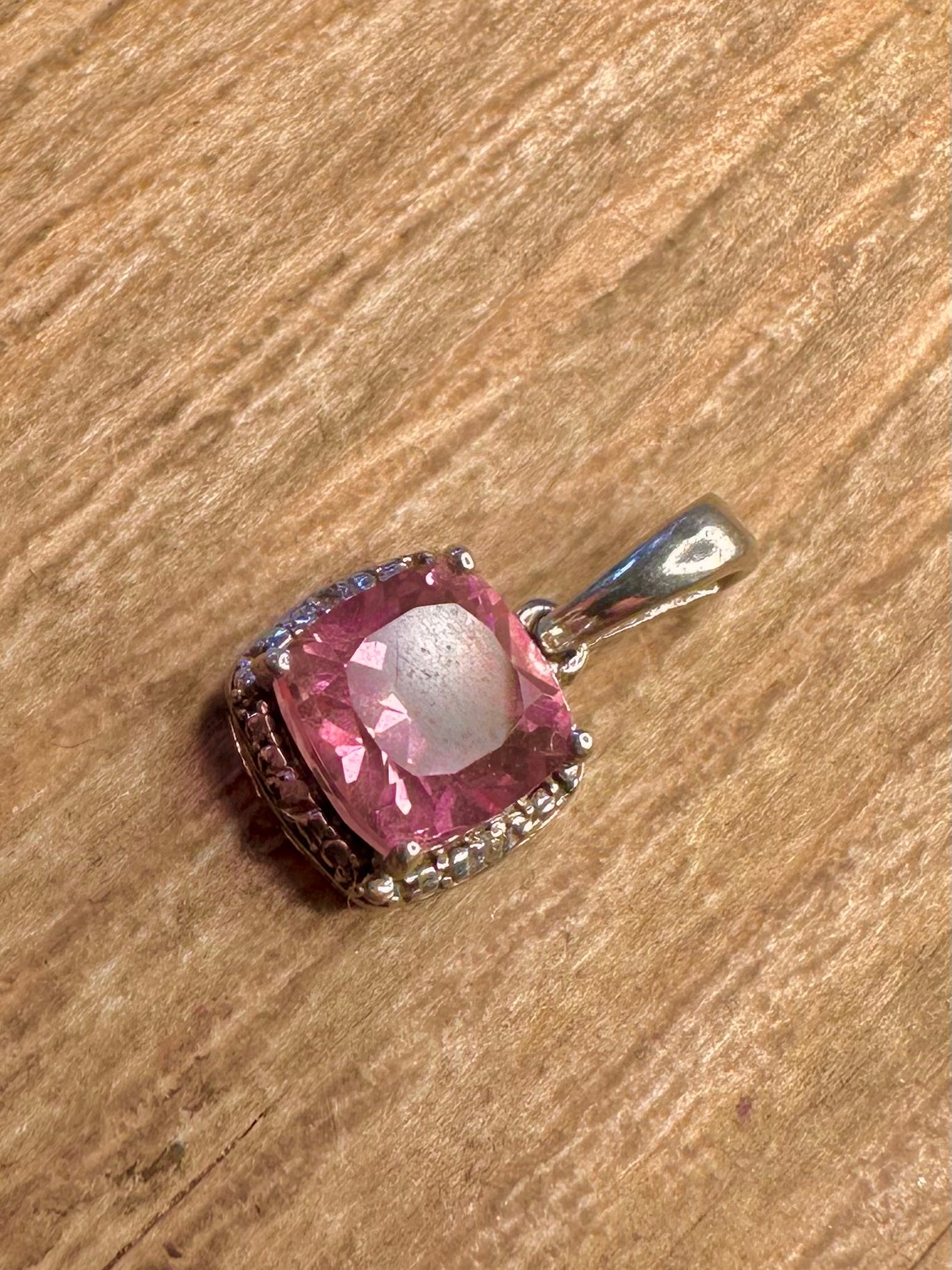 Vintage Pink and White CZ Square 925 Sterling Silver Pendant