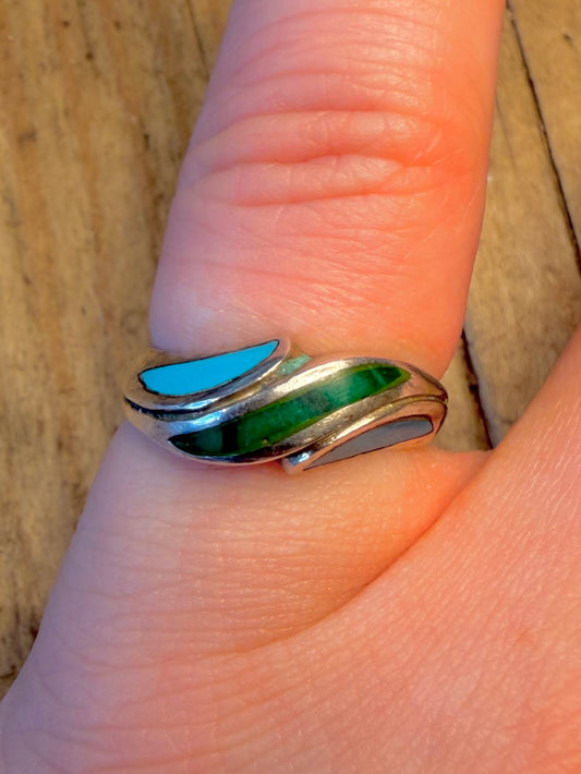 Malachite and Turquoise Inlay 925 Sterling Silver Size J1/2 Ring